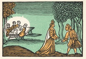 Riquet met de kuif, uit Histories or Tales of Past Times verteld door Moeder de Gans, met moraal, door M Perrault, pub. 1925 (handgekleurde houtsnede) door French School
