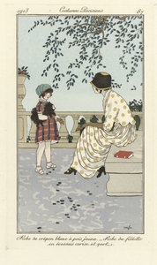 Witte Crépon jurk met gele stippen - Meisjesjurk in kersen en groene ruit, uit Costumes Parisien, pub.1913 (sjabloondruk) door French School