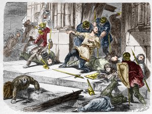Robert de Sterke, hertog van Frankrijk, tijdens de Slag bij Brissarthe, in 866, tegen een leger van Bretons en Vikingen. Gravure in "Histoire De France En Cent Peintures" door Paul Lehugeur, 1891 door French School