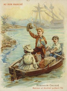 Robinson Crusoe in roeiboot door French School