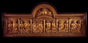 Romaans kunst: altaarstuk van Pinksteren: antependium in hout, koper en email. Uit Stavelot (Maas) Rond 1160-1170 door French School