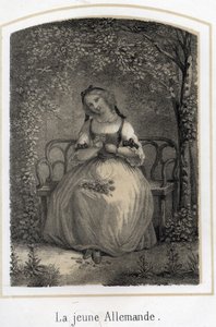 Romantiek: een jonge Duitse vrouw die op een bankje zit en een madeliefje plukt, denkend aan haar geliefde. Anonieme gravure uit de 19e eeuw