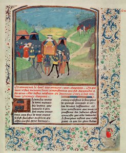 Alexander de Grote spreekt zijn mannen toe in de hoop hen te overtuigen om door te gaan naar India, uit Quinte Curse Ruffe des Fais du Grant Alexandre, c.1468 door French School