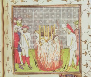Roy 20 C VII f.44v Verbranding van de Tempeliers, ca.1308 (perkament) door French School