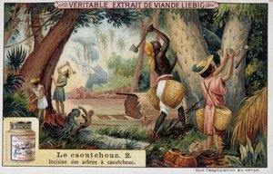 Rubber: insnijding van rubberbomen - chromo Liébig door French School