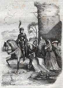 Ruggiero en drie nimfen van het hof van Alcina - gravure uit 1851 van het gedicht Orlando furioso