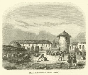 Ruïnes van het fort van Oueida, cote des Esclaves (gravure)