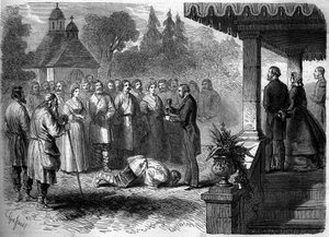 Russisch gebruik: ceremonie van emancipatie van een lijfeigene. Als teken van onderwerping kust de bevrijde lijfeigene de voeten van zijn heer, die zichzelf een glas aardappelbrandewijn inschenkt. Gravure in 
