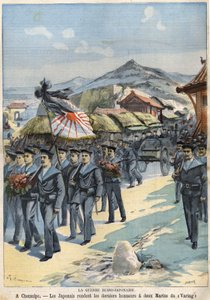 Russisch-Japanse Oorlog in Chemulpo, de Japanners brengen de laatste eer aan twee matrozen van de Virag. Le Petit Parisien van 3 april