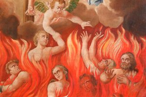 Saint-Nicolas de Veroce kerk. Laatste oordeel: de hel. Een groep van de geredden. Schilderij. Frankrijk. door French School