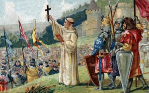 Sint Bernardus van Clairvaux predikt de Tweede Kruistocht in aanwezigheid van koning Lodewijk VII en koningin Alienor van Aquitanië en abt Suger, in Vézelay in Bourgondië op 31 maart 1146.