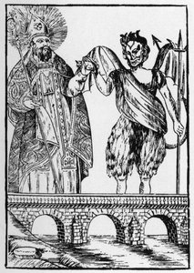 Saint Cado (of Cadoc of Catuod of Catoc of Cazut of Cadochus) legendarische christelijke heilige geeft een kat aan de duivel in ruil voor het bouwen van een brug - populaire afbeeldingen Perret.