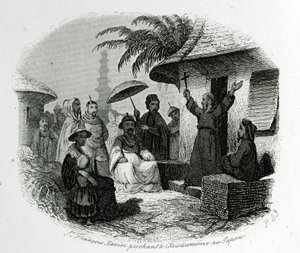 Sint Francois Xavier predikt het christendom in Japan. Gravure ter illustratie van Geschiedenis en Beschrijving van Japan door Pere de Charlevoix, A.Mame et Compagnie uitgevers, Tours. door French School