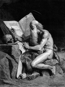 Sint Hiëronymus in de woestijn. Gravure naar het schilderij van Georges Sauvage (Auguste Albert Georges Sauvage). Gravure in 