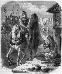 Sint Maarten van Tours die zijn mantel in tweeën snijdt om aan een arme man te geven. Gravure in "Histoire des Papes-Rois-Queen and Empereurs a travers les centuries" door Maurice Lachatre door French School