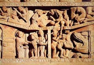 Sint-Pieter ontvangt de gezegenden in de hemel en de verdoemden vallen in de kaken van de hel, detail van het Laatste Oordeel op het Westportaal Tympanum, c.1135