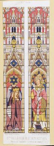 Sint Valerie, maagd en martelaar in Limoges (3e eeuw) en Sint Martial, bisschop van Limoges (3e eeuw), beschermheiligen van Aquitaine. Facsimile die de glas-in-loodramen van de Kathedraal van Limoges reproduceert. door French School
