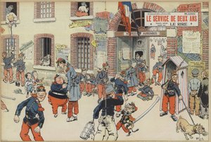 Satire op de invoering van de dienstplicht in het Franse leger. Illustratie voor Le Rire door French School
