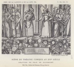 Scène uit het komische theater in de 16e eeuw (litho)
