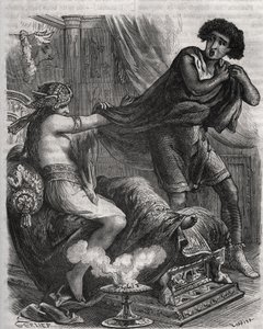 Scène uit de Bijbel: "Ze greep de te deugdzame jongeman bij zijn tuniek". De vrouw van Putiphar probeert Jozef, een slaaf van de farao, te verleiden. Gravure uit 1871 in "Histoire Des Cocus Celebres" door Henry de Kock door French School