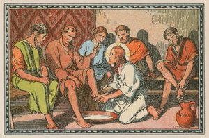 Scène uit het leven van Jezus (gekleurde gravure) door French School