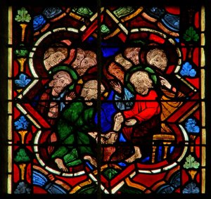 Scène in het oostelijke raam met Christus wast de voeten van zijn discipelen door French School