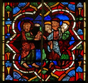 Scène in het oostelijke raam met Judas ontvangt het zilver