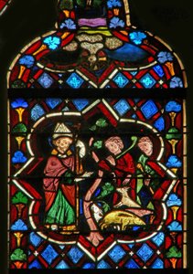 Scène in het oostelijke raam met St. Samson verandert varkens in geiten