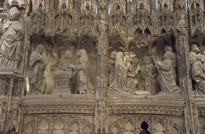 Scène van het koor van de kathedraal van Chartres: links: verschijning van Christus aan zijn moeder, rechts: hemelvaart door French School