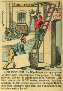 Scholen, illustratie van de voordelen van de Derde Republiek voor de ontwikkeling van het onderwijs in scholen. Gravure in 