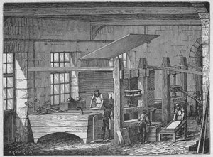 Wetenschap. Papier maken. Handgemaakt papier. Gravure in: Grands hommes et grands faits de l