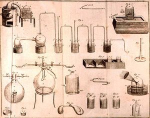 Wetenschappelijke Apparatuur, uit The Elements of Chemistry door Antoine Laurent de Lavoisier (1743-94) gegraveerd door D.Lizars, 1796