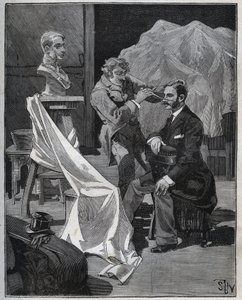 Beeldhouwkunst, werkplaats van een beeldhouwer, focus en beeldhouwen van een buste. Gravure uit 1880 in Les arts et métiers illustrés door Adolphe Bitard. door French School
