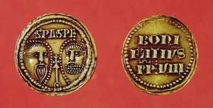 Zegel met de hoofden van St. Paulus en St. Petrus, van een bul van paus Bonifatius VIII, recto en verso, 1295 door French School