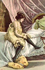 Halfgekleed meisje, zittend op bed, haar kousen aanpassend door French School