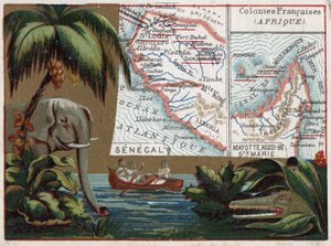 Senegal, Mayotte, Ile de Sainte Marie, Nossi Be (Nossi-be of Nosy-be), Afrika. Olifant, krokodil en boot in een rivier. Serie over de Franse koloniën. Chromolithografie 