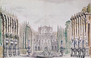 Decorontwerp van een paleis voor een theater, ca. 1660-80 (pen & inkt en wc op papier)
