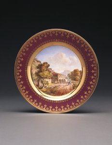Sevres fond pourpre topografisch bord door French School