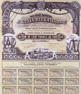 Aandeelcertificaat voor 100 francs voor de Frans-Russische Joltaia-Rieka mijnbouwmaatschappij, 1899