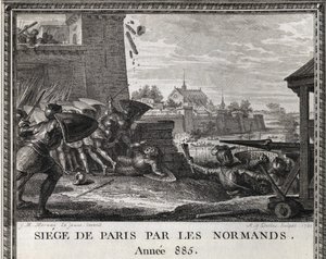 Beleg van Parijs door de Noormannen, jaar 885. Gravure uit de 