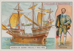 Sir Francis Drake en een driemaster Engels oorlogsschip door French School