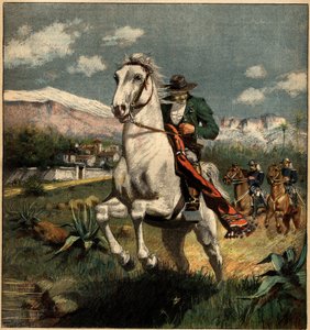 Smokkelaar in de Pyreneeën achtervolgd door de karabiniers van de koning. Gravure in "La Terre Illustree" nr. 75 van 7 april 1892.