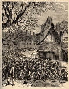 Soule spel (voorloper van voetbal) - (Frankrijk) - Le jeu de la soule in Basse Normandië (vermoedelijke voorloper van voetbal en rugby) - gravure in 