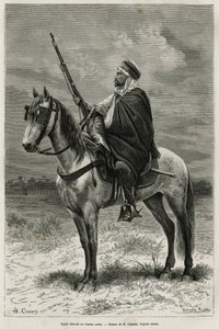 Spahi, efficiënte ruiter en gevreesd bijdragend aan de verovering van Algerije, in dienst van Frankrijk, gedetacheerd bij het Arabische kantoor, gravure naar een tekening van H. Charles, ter illustratie van het verhaal Tebessa en zijn monumenten (Algerije)