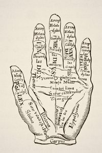 Voorbeeld van de linkerhand met de lijnen en hun horoscopische benamingen, uit Wetenschap en Literatuur in de Middeleeuwen door Paul Lacroix, uitgegeven in Londen 1878 door French School