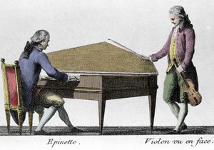 Spinette en vioolspeler. Gravure uit het einde van de 18e eeuw.