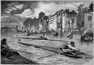 Sportwedstrijd: kanowedstrijd (outrigger) op de Theems. Engeland
