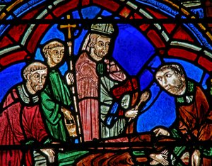 St. Cheron raam: bisschop en diakens bij zijn nieuwe graf