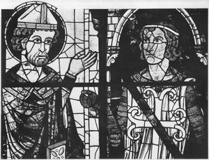 St. Denis geeft de oriflamme aan de ridder Clement (maarschalk van Metz), detail, Zuidroos Verheerlijking van onze Heer Jezus Christus