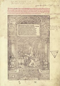 St. Hiëronymus in zijn studiolo, titelpagina van een Bijbel, gedrukt door J. Marion, Lyon, 1521